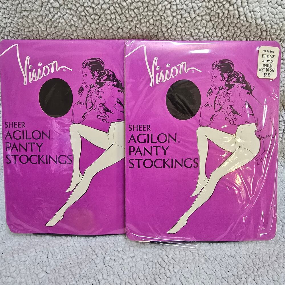 Vintage Vision Sheer Agilon Panty Stockings Jet Black Medium 2 Pack NOS Sealed
